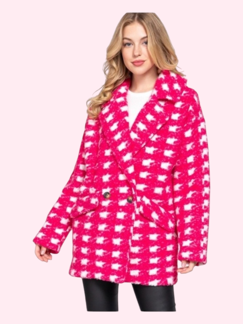 Pink Check Houndstooth Peacoat